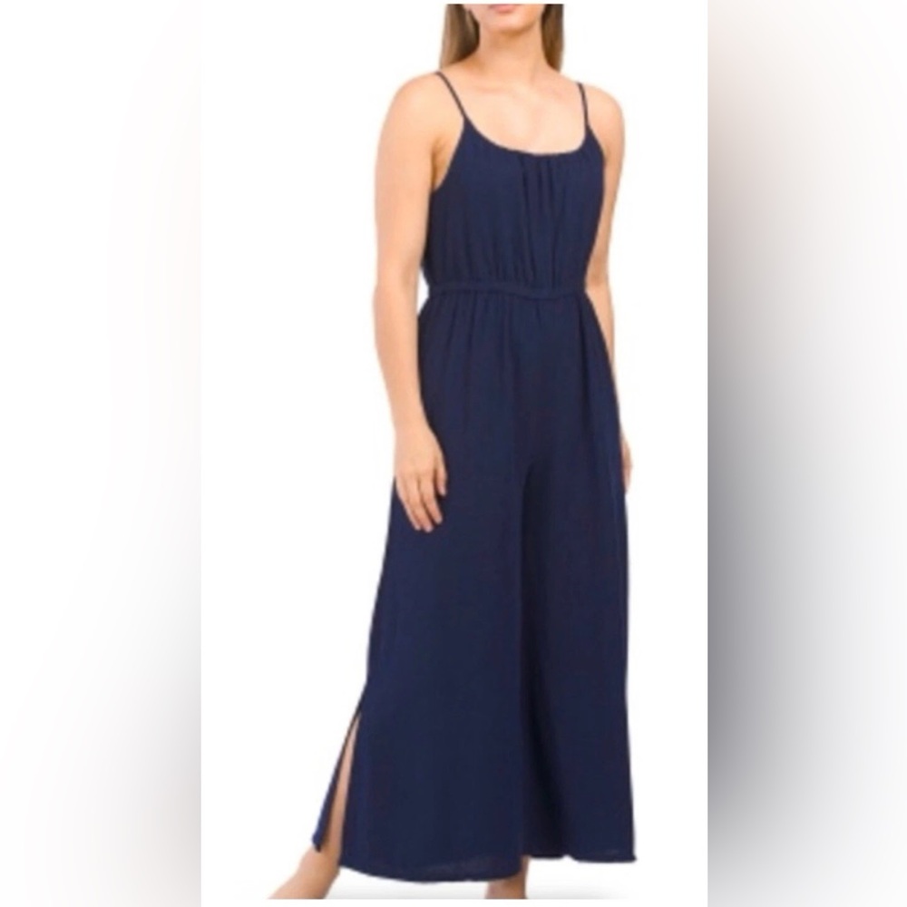 Haute Hippie Jumpsuit ULTRA Wide Leg Spaghetti Strap Pockets Blue Size L LINEN
